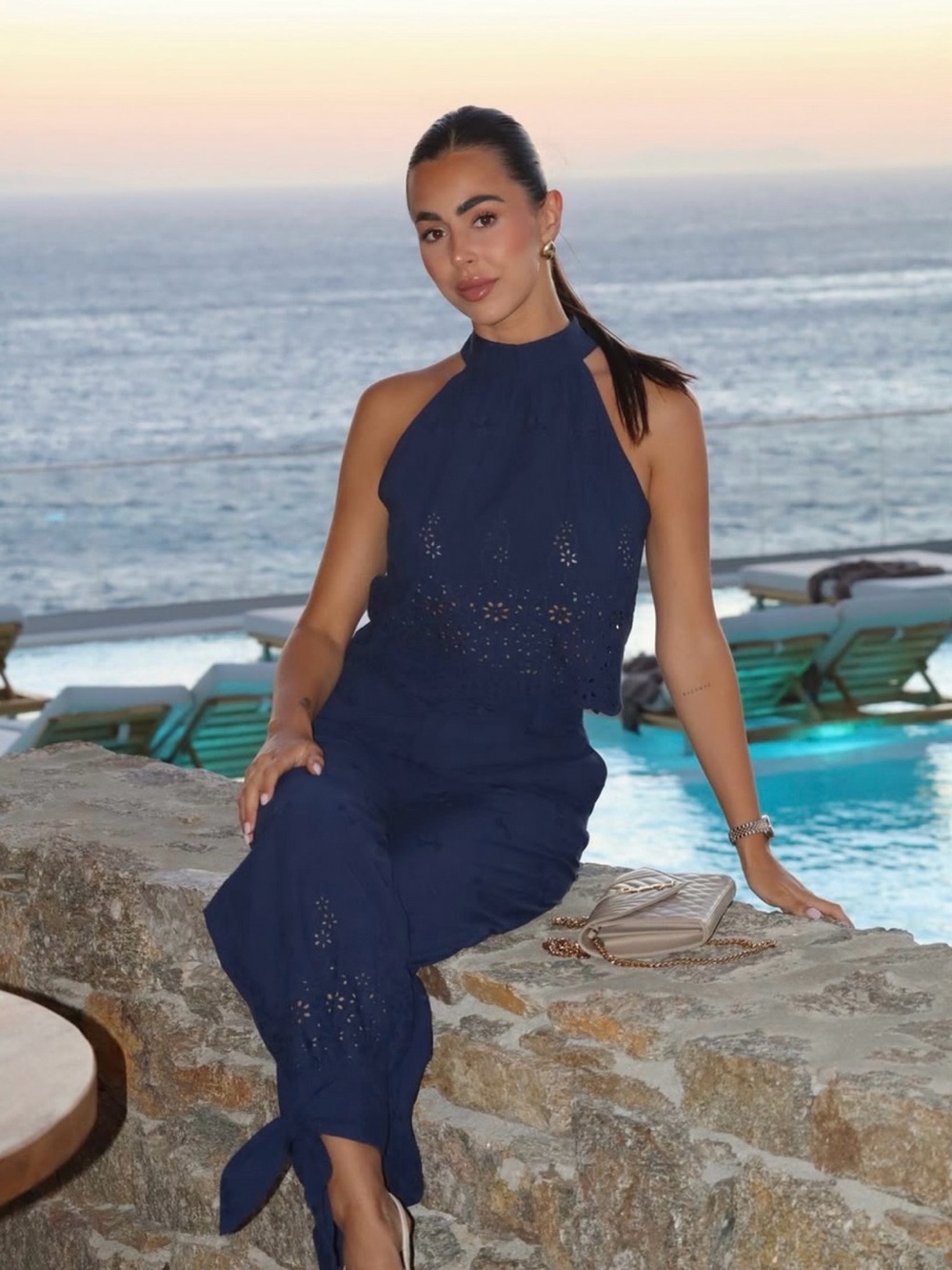 Commense Navy Eyelet Embroidery Top with Matching Tie-Cuff Pants Set - Picture 2 of 9